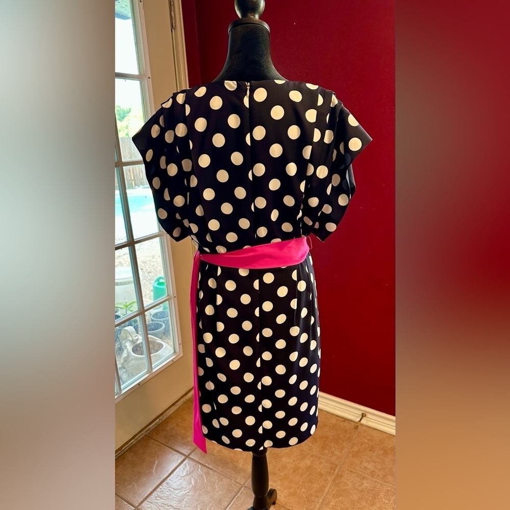 Eliza J Polka Dot Dress Size 8 Navy White Pink Belt Retro Wrap Style - Picture 6 of 9